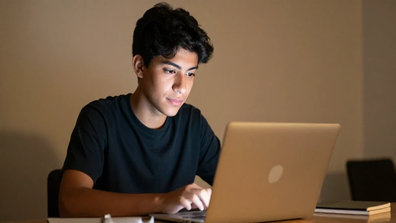 Joven estudiante mexicano con portátil iluminado