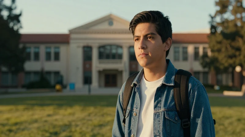 Estudiante mestizo observa al atardecer universitario