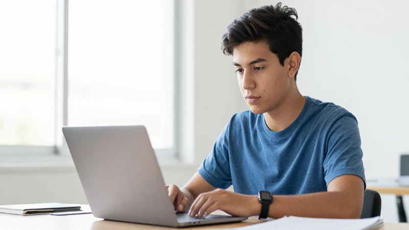 Joven estudiante mexicano con portátil, luz suave