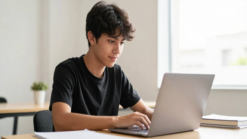 Estudiante mexicano con portátil a la luz cálida