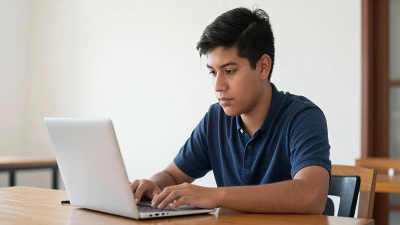 Estudiante mexicano con portátil, luz cálida