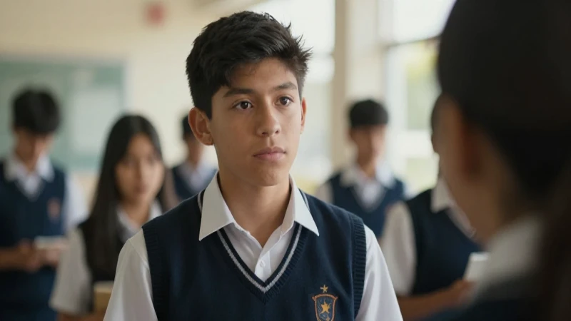 Estudiante mestizo mexicano en uniforme sonríe