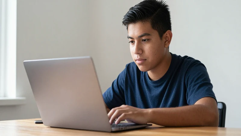 Joven estudiante mexicano, ordenador y luz cálida