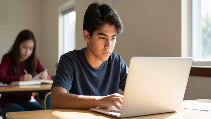 Estudiante mexicano con laptop bajo luz cálida