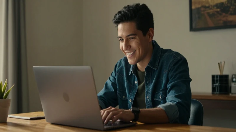 Joven mexicano sonríe con su computadora