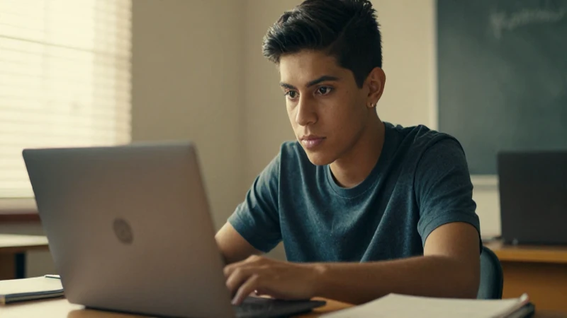 Estudiante mexicano concentra mirada con laptop