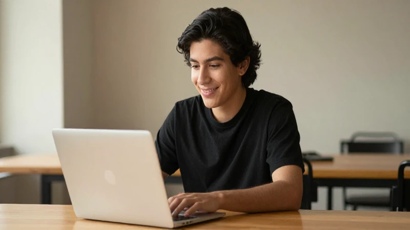 Estudiante mexicano sonríe con su laptop