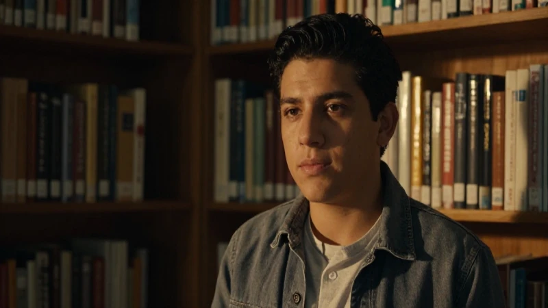 Estudiante mestizo, biblioteca, luz dorada cinematográfica