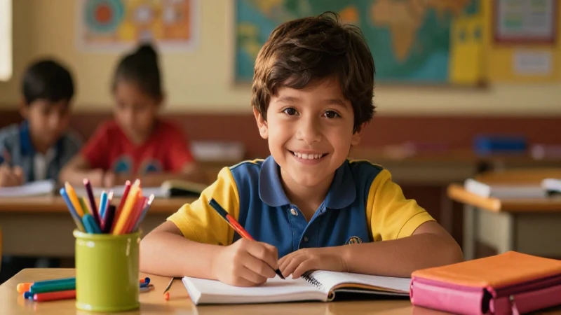 Niño mestizo sonríe con útiles escolares cálidos