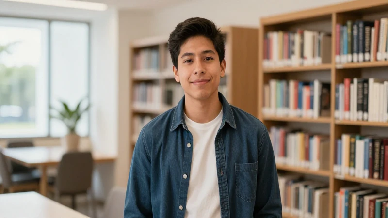 Estudiante mestizo estudia en biblioteca cálida