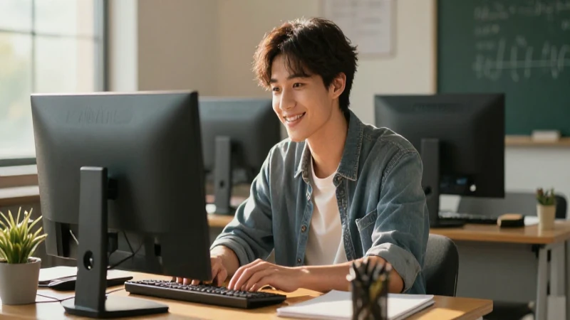 Joven sonriente estudia bajo luz cálida