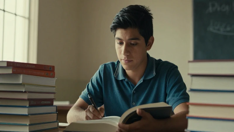 Estudiante mexicano con libros bajo luz cálida