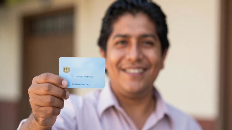 Hombre mestizo sonríe con tarjeta de bienestar