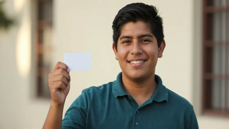Estudiante mestizo sostiene tarjeta a contraluz