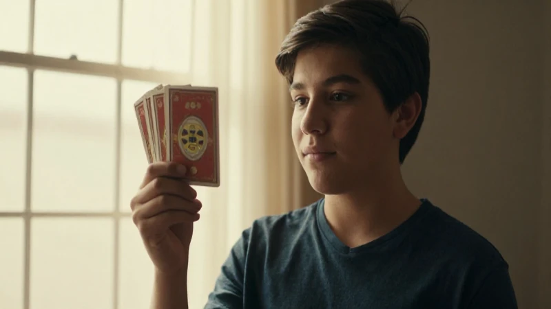 Adolescente mexicano, con tarjetas bajo luz cálida