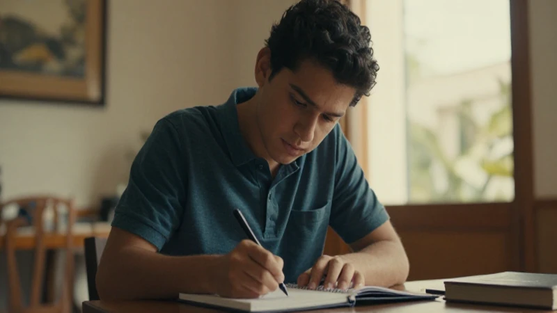 Joven mexicano escribe bajo luz cálida