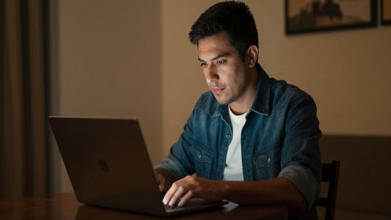 Joven mestizo mexicano con computadora portátil