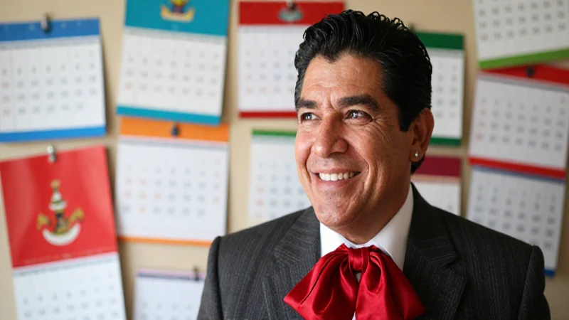 Hombre sonriente, calendario cálido y luz suave