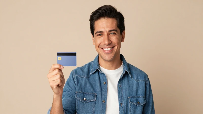 Hombre mexicano sonríe con tarjeta digital