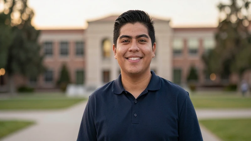 Joven mexicano en campus, luz dorada suave