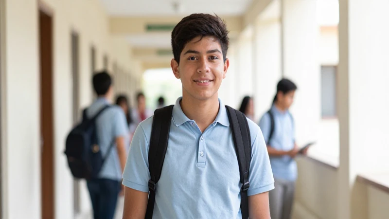 Estudiante mestizo en pasillo soleado
