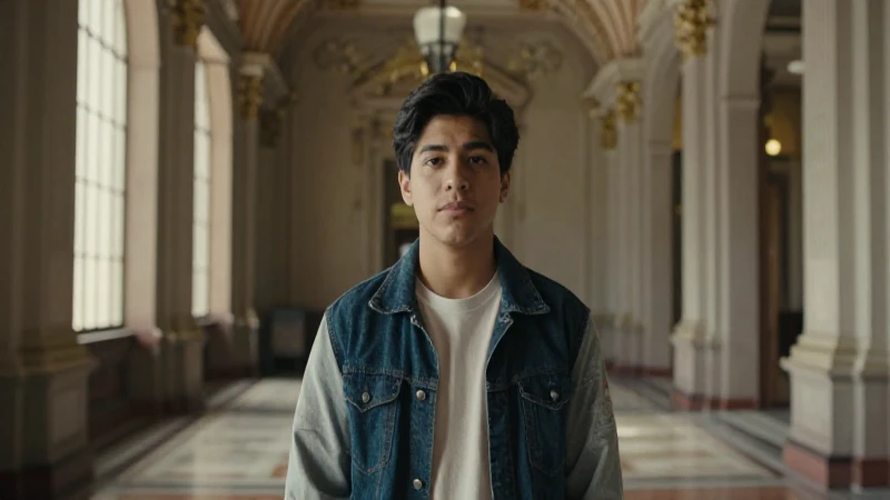 Estudiante mestizo observa palacio con luz cálida