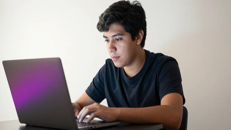 Estudiante mestizo con portátil, luz cálida