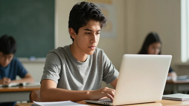 Accede a la Beca Jóvenes Escribiendo el Futuro 2026 9 Estudiante mexicano, portátil, luz brillante, cinematográfico