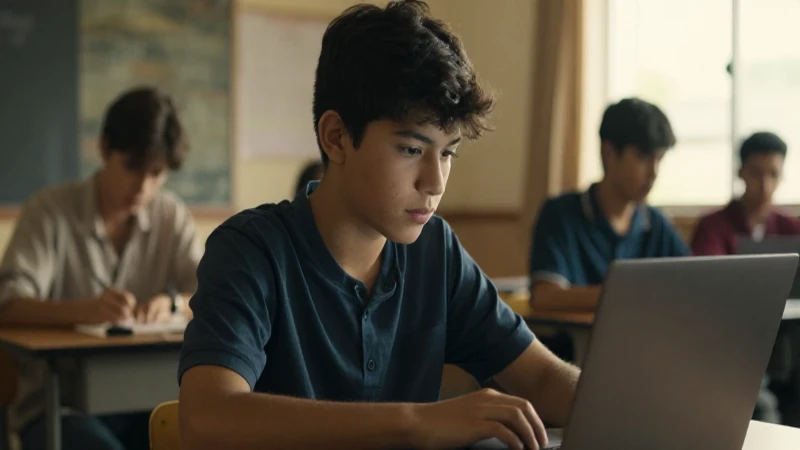 Joven estudiante mexicano, portátil y luz cálida