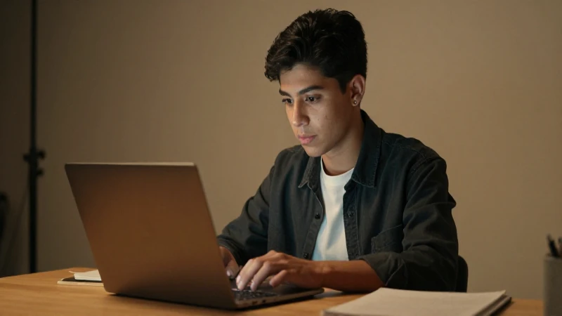 Estudiante mestizo, laptop, luz cálida y cinematográfica