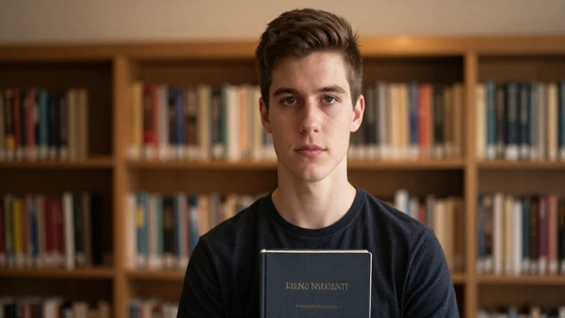 Joven serio con libros, retrato interior