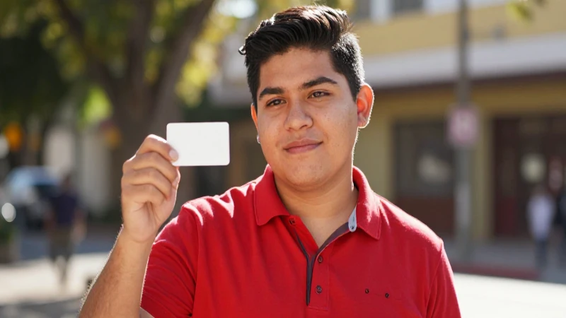 Joven mexicano sonríe con una tarjeta