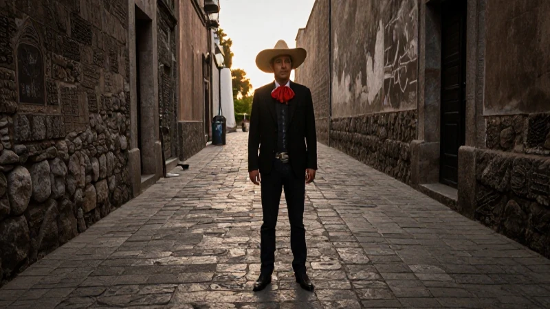 Hombre mestizo frente a sendero antiguo, luz dorada