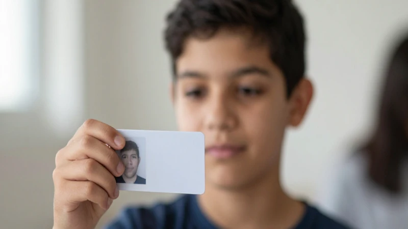 Niño mestizo sonríe mostrando su identificación