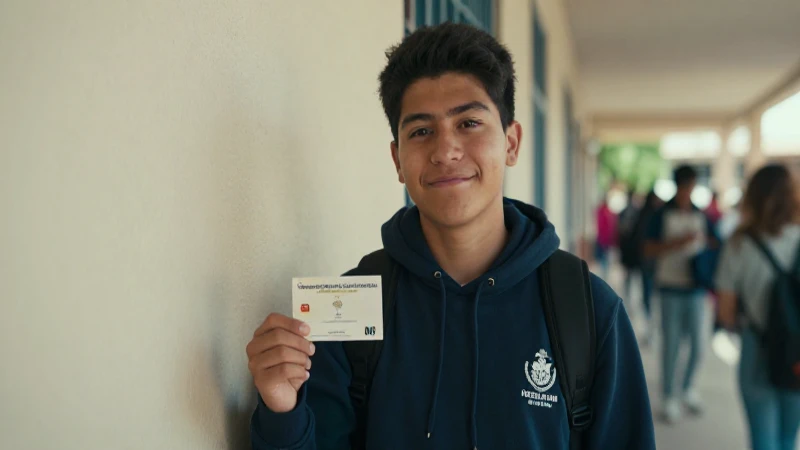 Estudiante mestizo con beca frente a la escuela