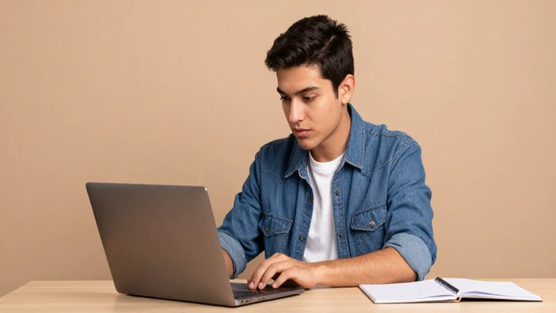 Joven estudiante mexicano, laptop iluminada cálidamente