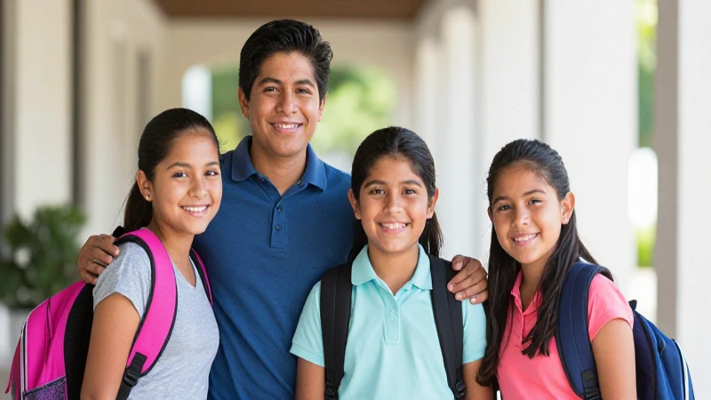 Familia mexicana sonriente con mochila escolar
