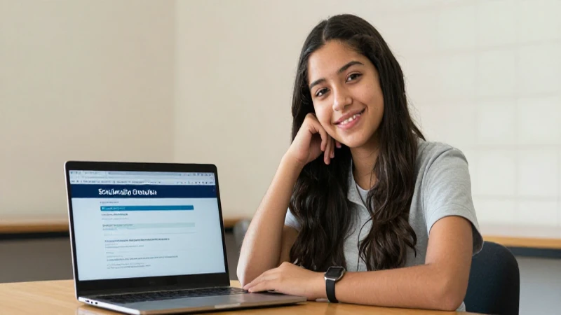 Joven estudiante sonríe con beca visible