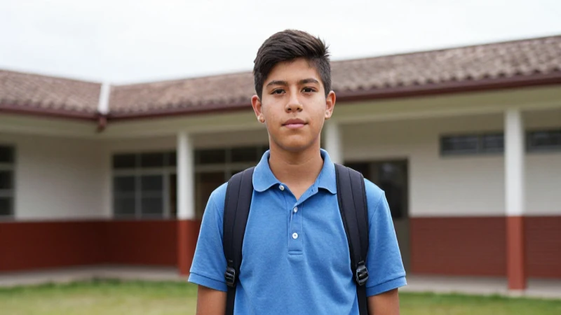 Adolescente mestizo frente a escuela nublada