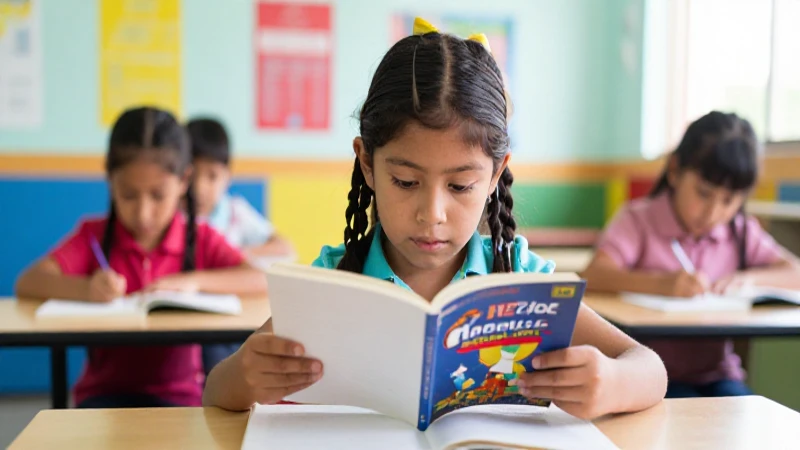 Niño mestizo lee en aula colorida