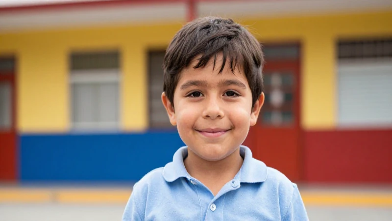 Niño sonríe frente a escuela colorida